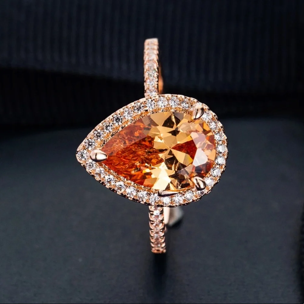 ROSE GOLD PLATED CHAMPAGNE CRYSTAL PEAR SHAPED RING - Picture 3 of 5